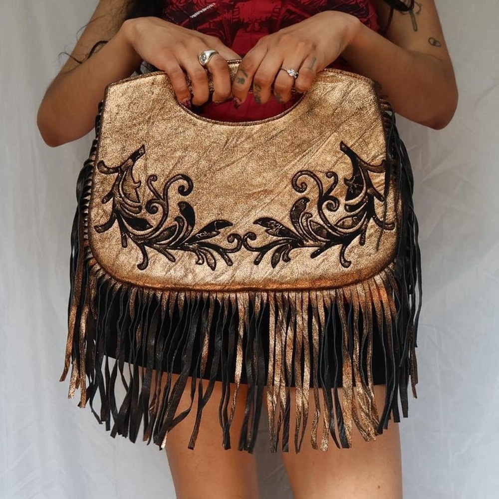 Metallic Bronze Embroidered Fringe Western Statement Purse